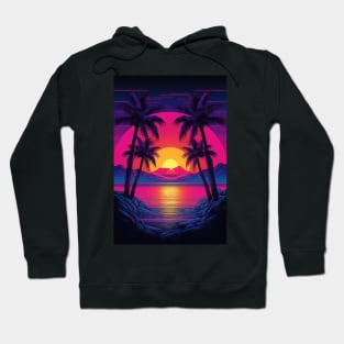 Illustration of an 80s Synthwave retro sunset with palm trees on the beach Hoodie